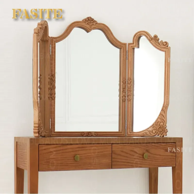 For French Retro Three-Sided Carved Makeup Mirror Household Folding Dressing Mirror Living Room Decorative Vanity with Stand