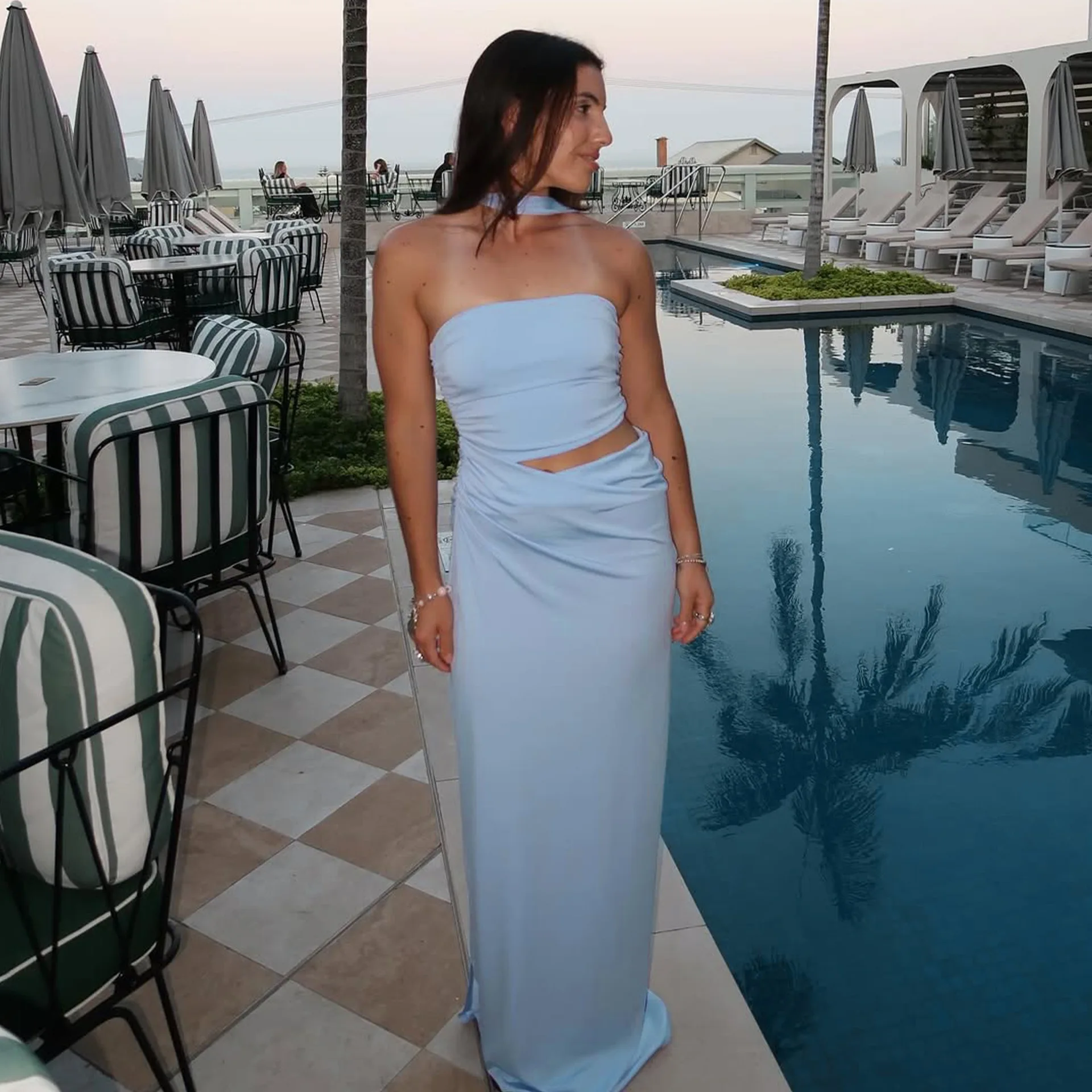 Blue Strapless Summer Dress for Women Fashion Waist Cut Out Slim Maxi Tube Dresses Sexy Backless Holiday Beach Party Dress 2025