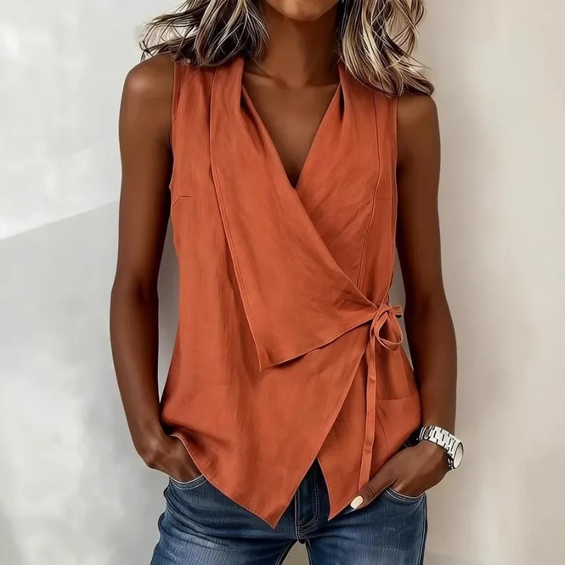 Women Sleeveless Wrap V Neck Tie Waist Blouse Irregular Hem Casual Tank Top Spring European American Fashion