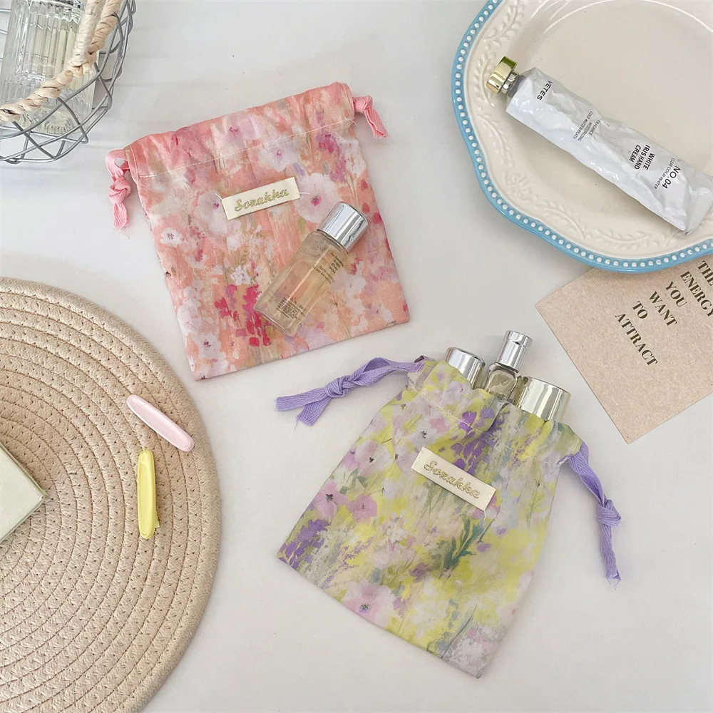 Vintage Floral Print Soft Fabric Drawstring Bag, Mini Portable Lipstick Earring Coin Storage Pouch for Travel