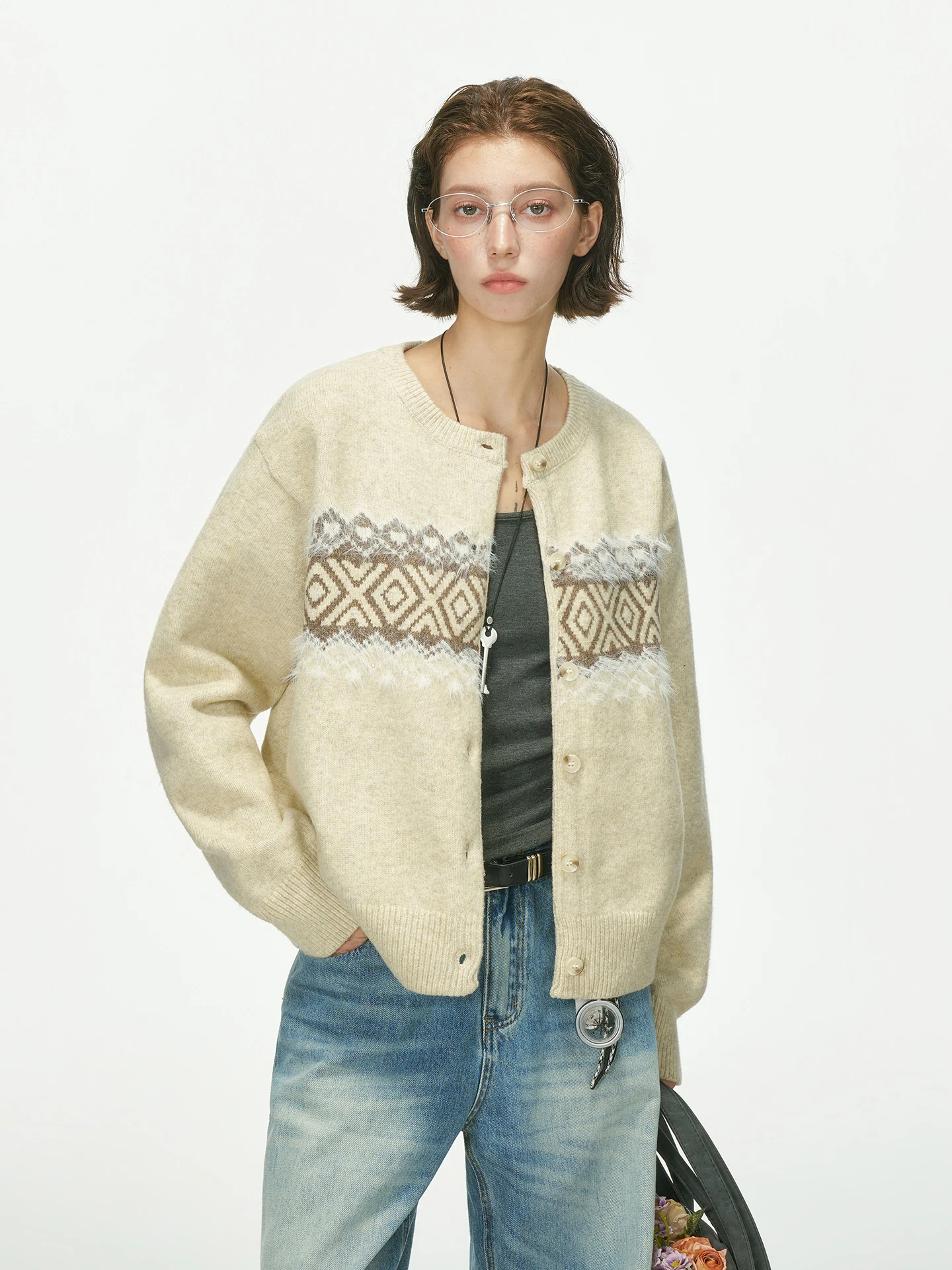 Dream Made Unisex Woolen Knitted Cardigan Fair Isle Pattern Spring Autumn Warm Geometric Design Long Sleeve round Neck Sweater