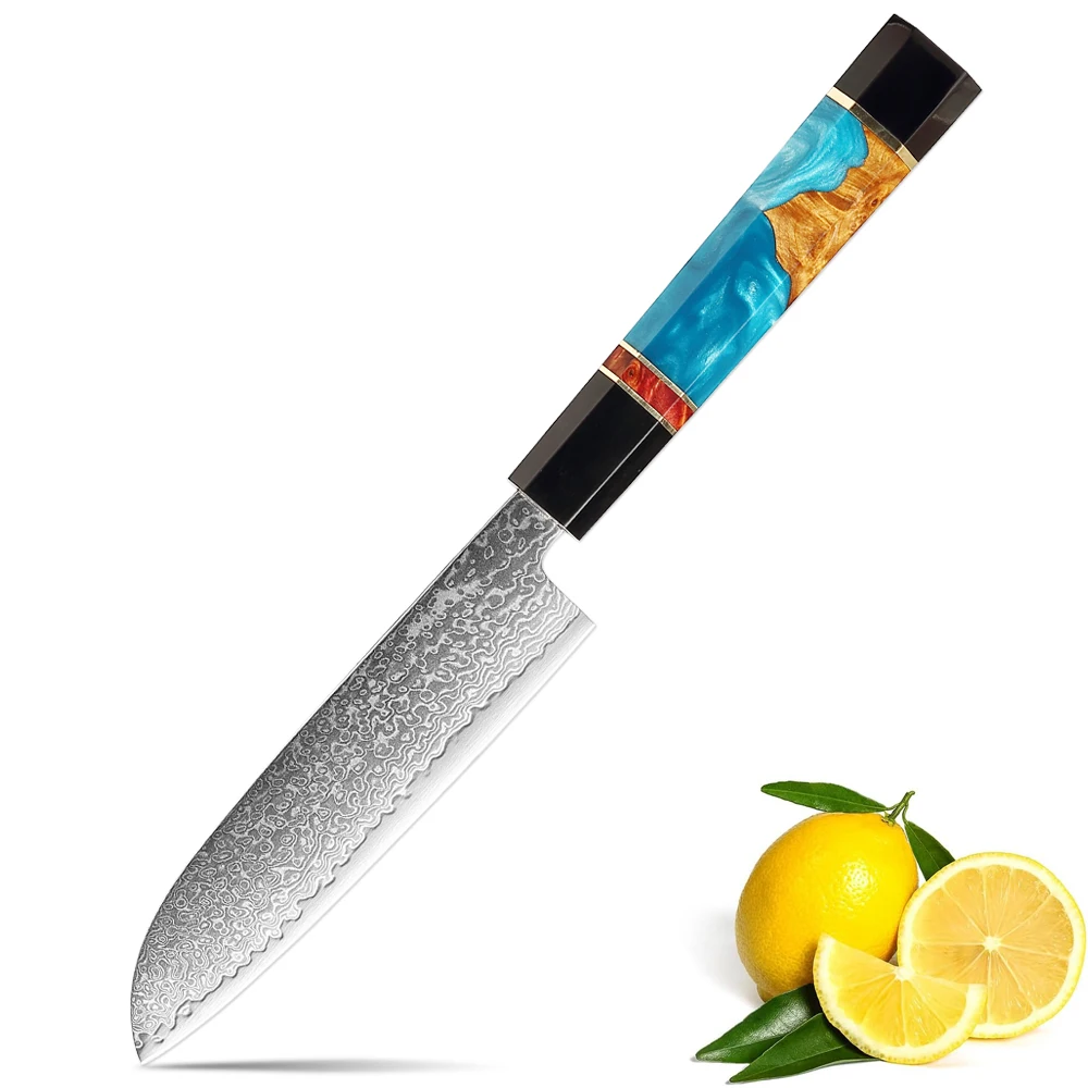 5-Zoll-S Santokumes aus Damaststahl, scharfes Küchenmesser, multifunktionales Schälen für Obst und Gemüse, Harz-Holzgriff