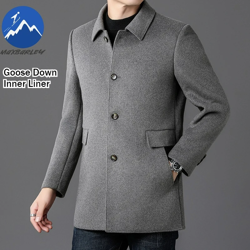 

Maxbarley 2025 Winter Wool Coat Men High Quality Fashion Thick White Goose Down Warm Overcoat Man England Style Woolen Trench