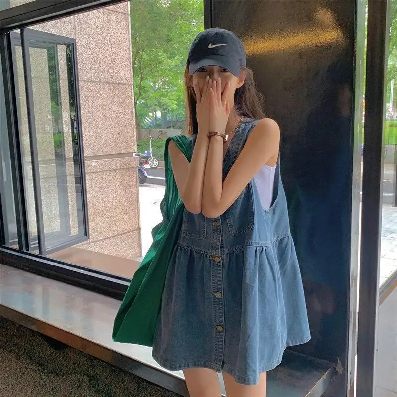 

Women's Denim Pinafore Dress Niche Design Summer Slim Fit Petite Sleeveless Tank Dress