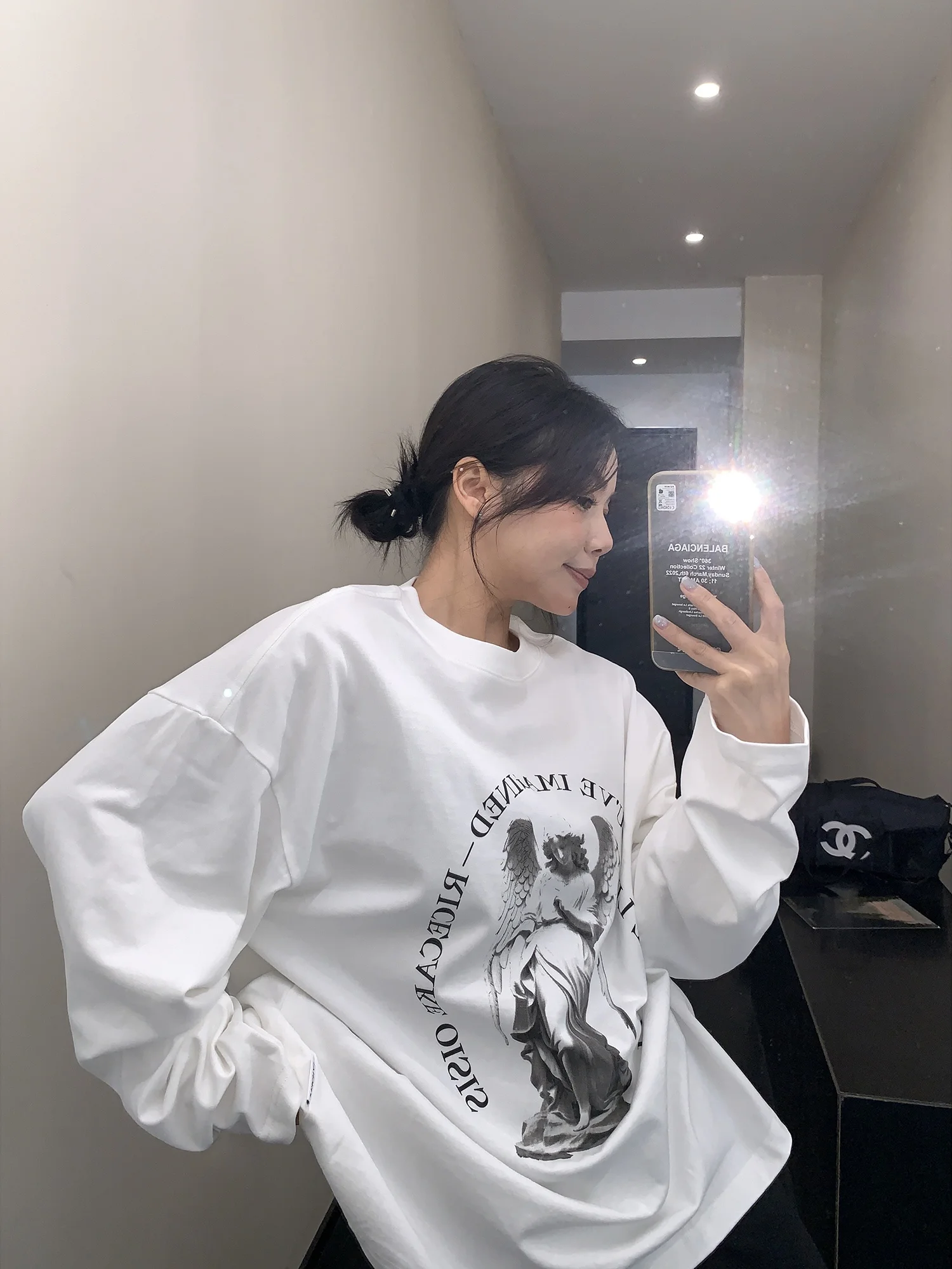 

Retro Sle Long Sve Cotton T-irt Women's Loose Fit Printed Casual Top Chic Autumn Comfortable American Sle White T-irt