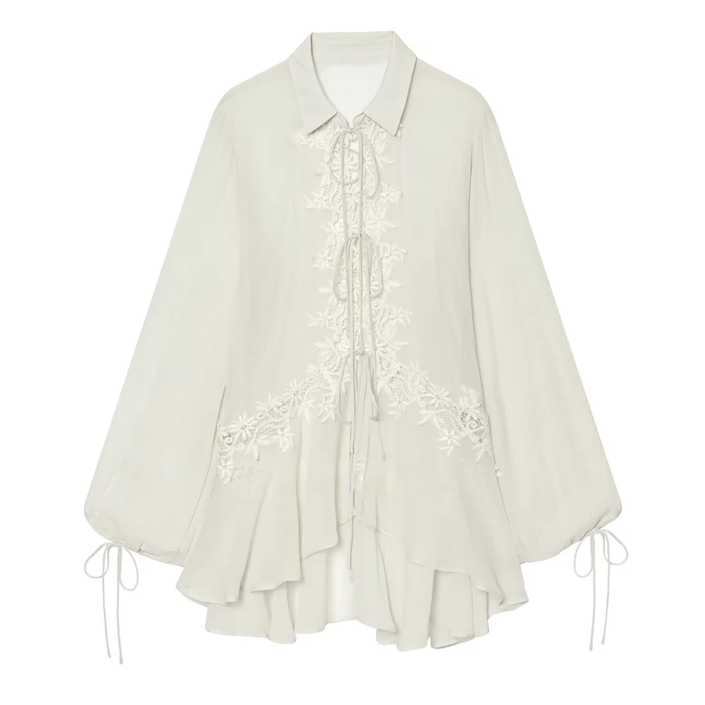 KONDALA Damen Elegante Schicke Spitzenblusen mit Stickerei, Urlaubs-Freizeitbluse mit Schnürmanschetten, Durchsichtige Bluse, 2026 Sommer Trendige Street-Bluse – Detail 3