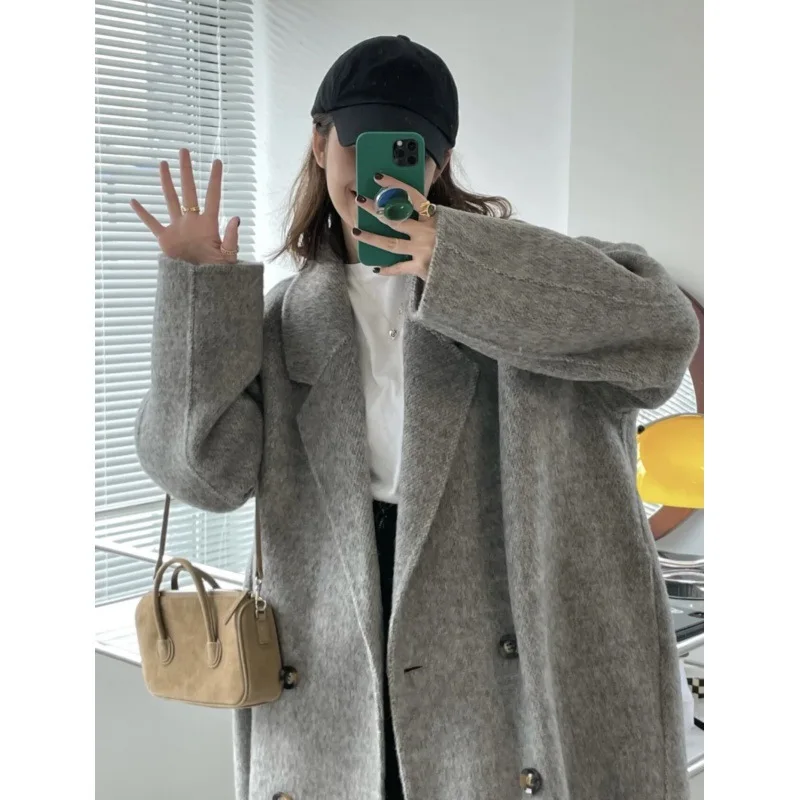 High-end double-sided cashmere coat women's 2024 new Korean version loose small medium and long woolen coat coat