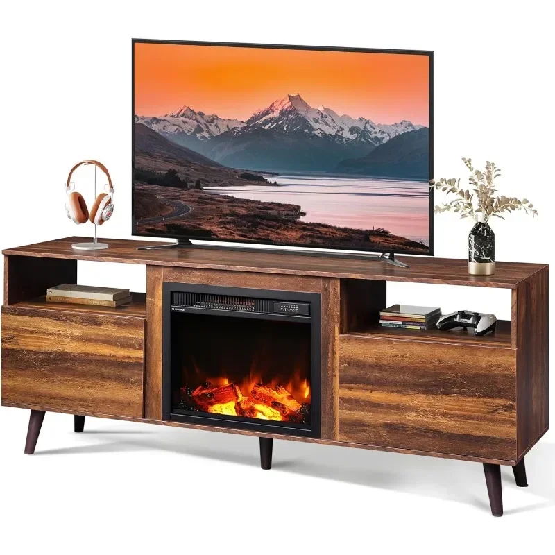 ZHENXIANG TV Stand for 65 Inch TV, 58 Inch Entertainment Center with 18 Inch Electric Fireplace, Media Console with 2 Storage