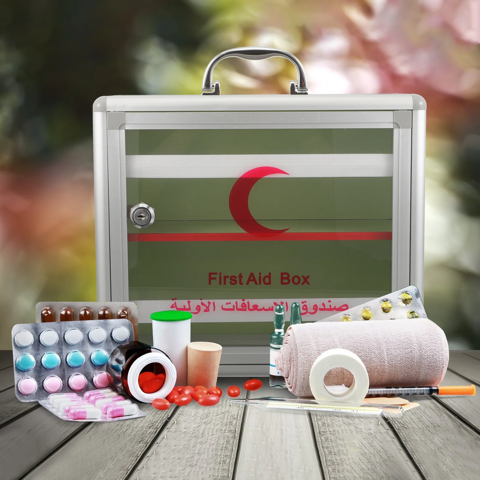 صندوق دواء للإسعافات الأولية مصنوع من سبائك الألومنيوم وحقيبة قفل شديدة التحمل ومقبض مريح وتصميم زاوية مستديرة لمكان العمل المنزلي