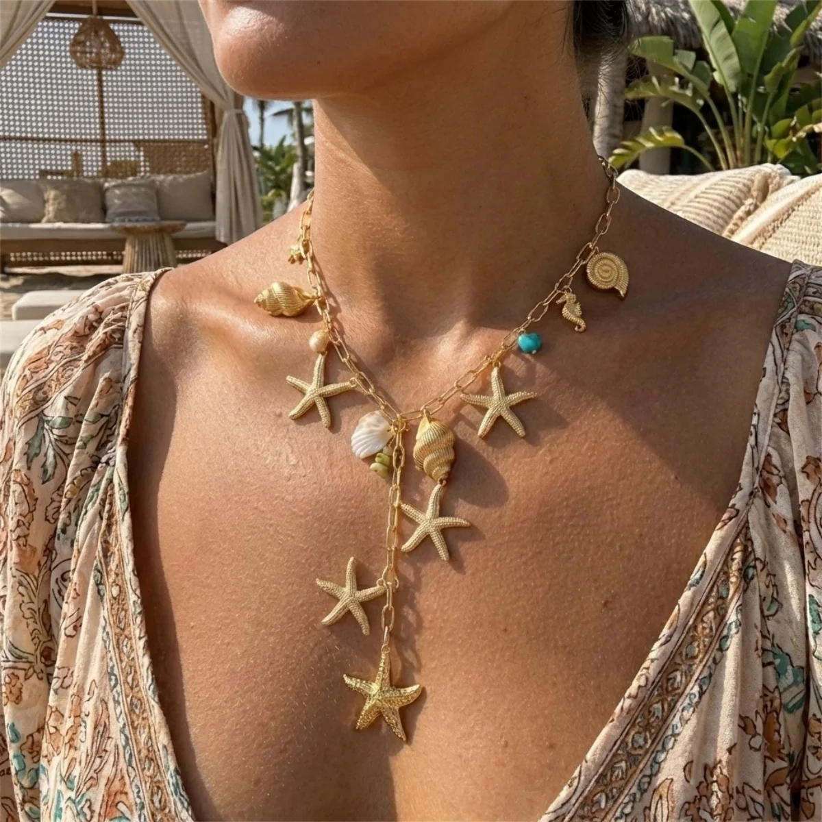 Boho Sommer Strand Metall Seestern Muschel Seepferdchen Anhänger Y-förmige Halskette für Damen und Herren, Seestern Urlaubs-Choker Schmuck – Detail 4