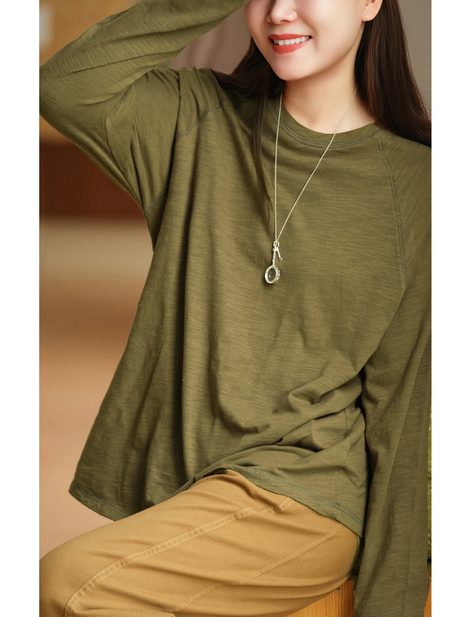Long Sleeve round Neck T-Shirt Women's Loose Fit Cotton 100% Shoulder Insert Design Bamboo Texture Combed Thread