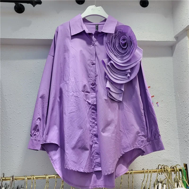 Flower Women Shirt Unique Stunning Solid Long Sleeved  Fashion Blouses Creative Loose Personality Streetwear Autumn Winter