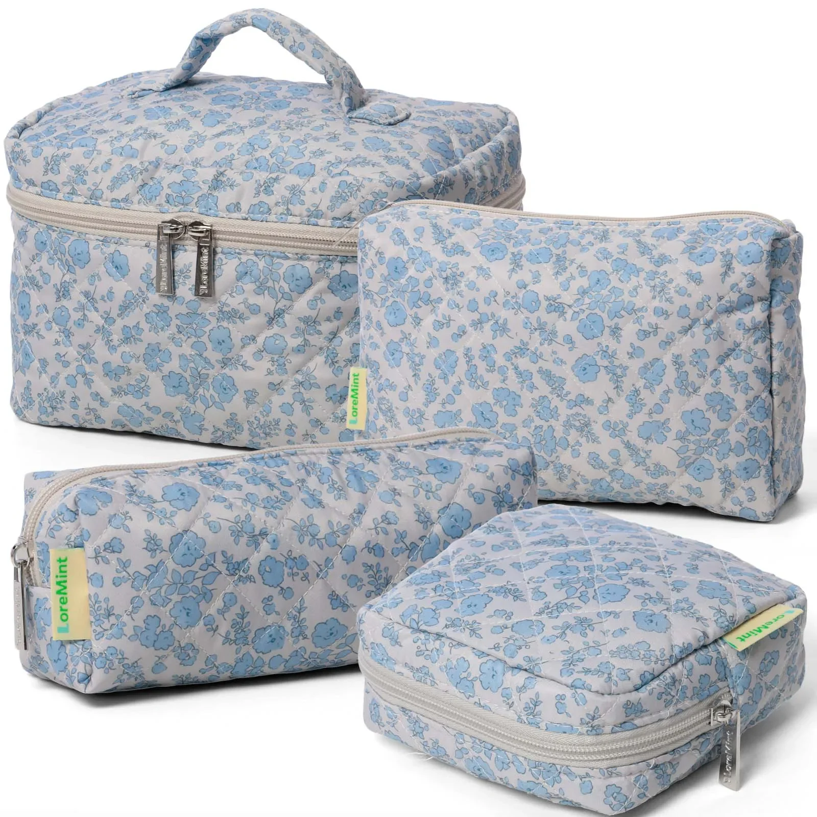 4Pcs Blue Floral Quilted Travel Cosmetic Bag Set Soft Vanity Organizer Makeup Brush Storage Pouches