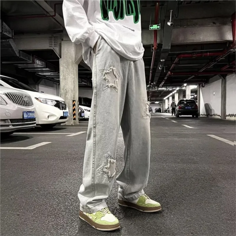 Retro Washed Men Baggy Jeans Trousers Hip Hop Distressed Vintage Denim Pants Pantalons High Street Loose Straight Ripped Jeans