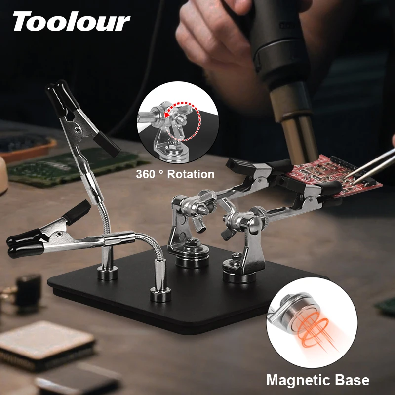 Toolour Soldering Helping Hands Third Hand Tool with Magnetic Base Adjustable Metal Circuit Board Holder for PCB Welding Repair