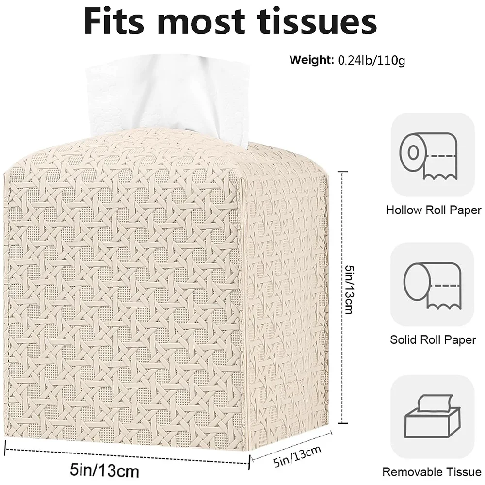 PU Leather Square Tissue Box Rattan Design Large-Capacity Drawer Box Supplies Foldable Tissue Box Cover for Home, Office, Car