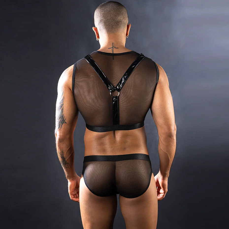 JSY Sexy Lingerie Men Underwear Set Black Leather Harness Top And Pants Set Bodysuit Nightwear Erotic Lingerie Porno Costumes