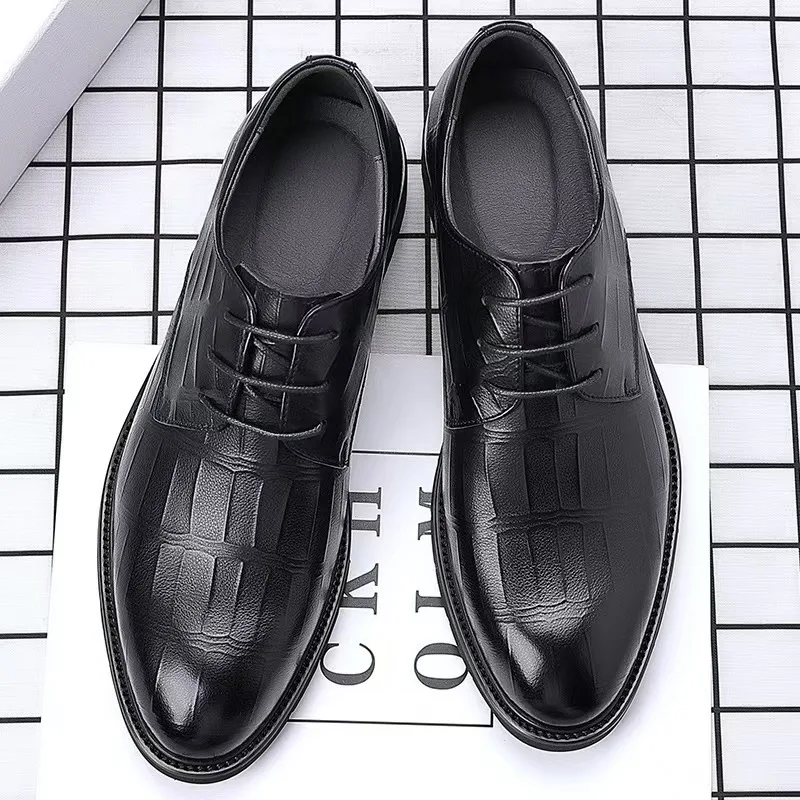 

Business Wedding Shoes for Men Dress Leather Slip-On Increase Height Fleece Lined Low Top Shoes Rubber Sole Pointed Toe Shoes