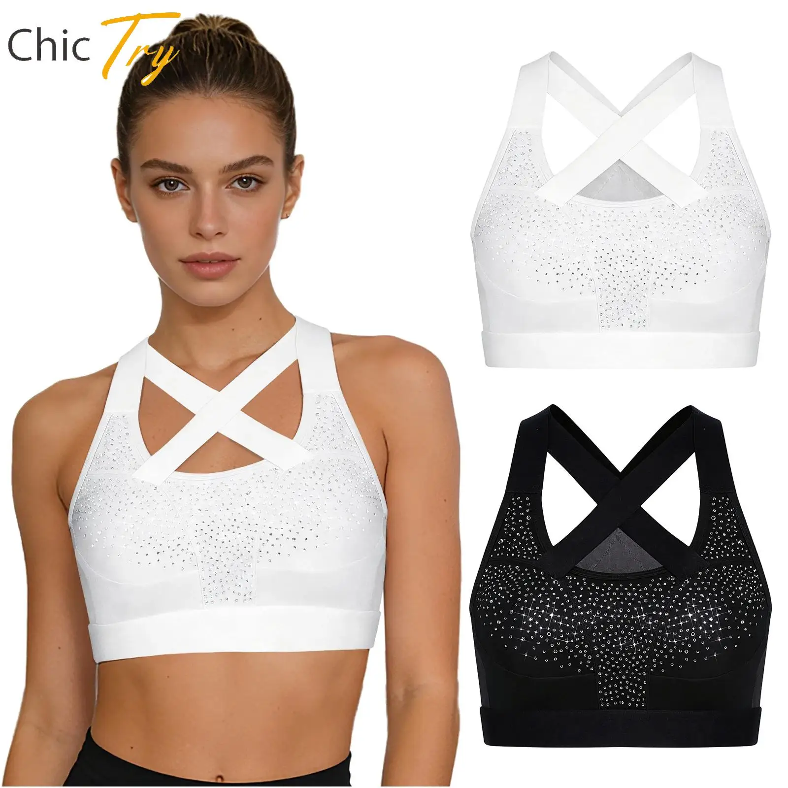 Yoga-Tops für Damen, Kreuz-Sport-BH, Fitnessstudio, Fitness, Workout-Tops, Sportbekleidung, ärmellos, glänzende Strasssteine, durchsichtiges Mesh-Rücken-Crop-Top
