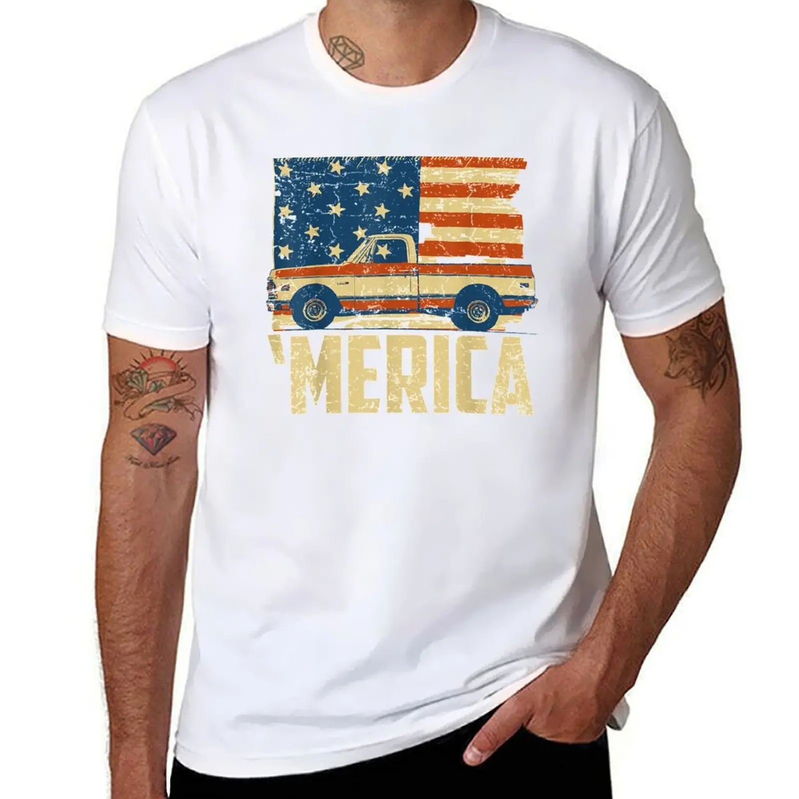 

Classic Truck 'Merica American flag with pickup T-Shirt t shirts for man pack cotton cotton t shirts man 100% T-Shirt