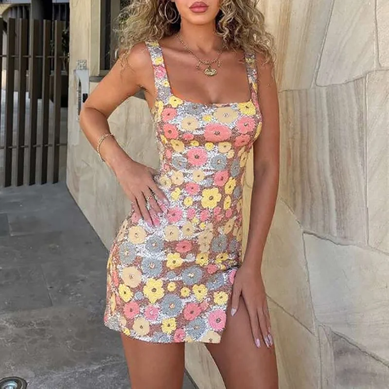 

Sexy Backless Nightclub Glitter Mini Dresses Summer New Floral Printed Bodycon Dress Fashion Sequins Sleeveless Wrap Hips Dress