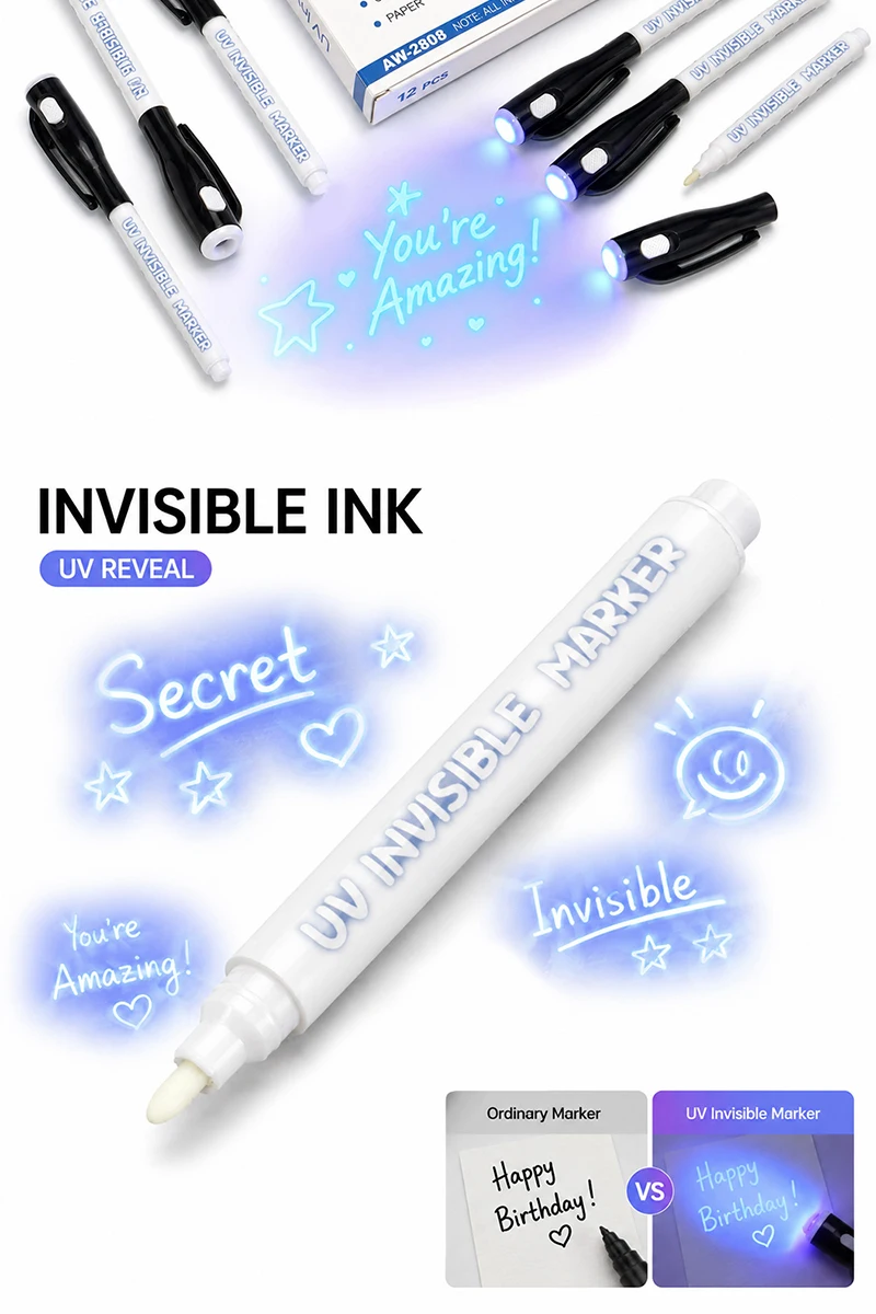 12 Stück UV-Licht unsichtbare Marker, verschwindende Tinte, Schreibstift, verstecktes Notizwerkzeug, Kunst, Kreation, DIY, Basteln, universelles Bürobedarf – Detail 2