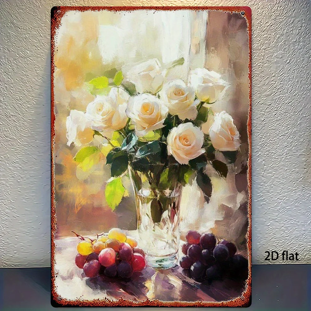 Letrero de Metal con Rosas Blancas y Uvas, 8x12 Pulgadas, Decoración Floral Rústica para Pared, Placa para Casa de Campo