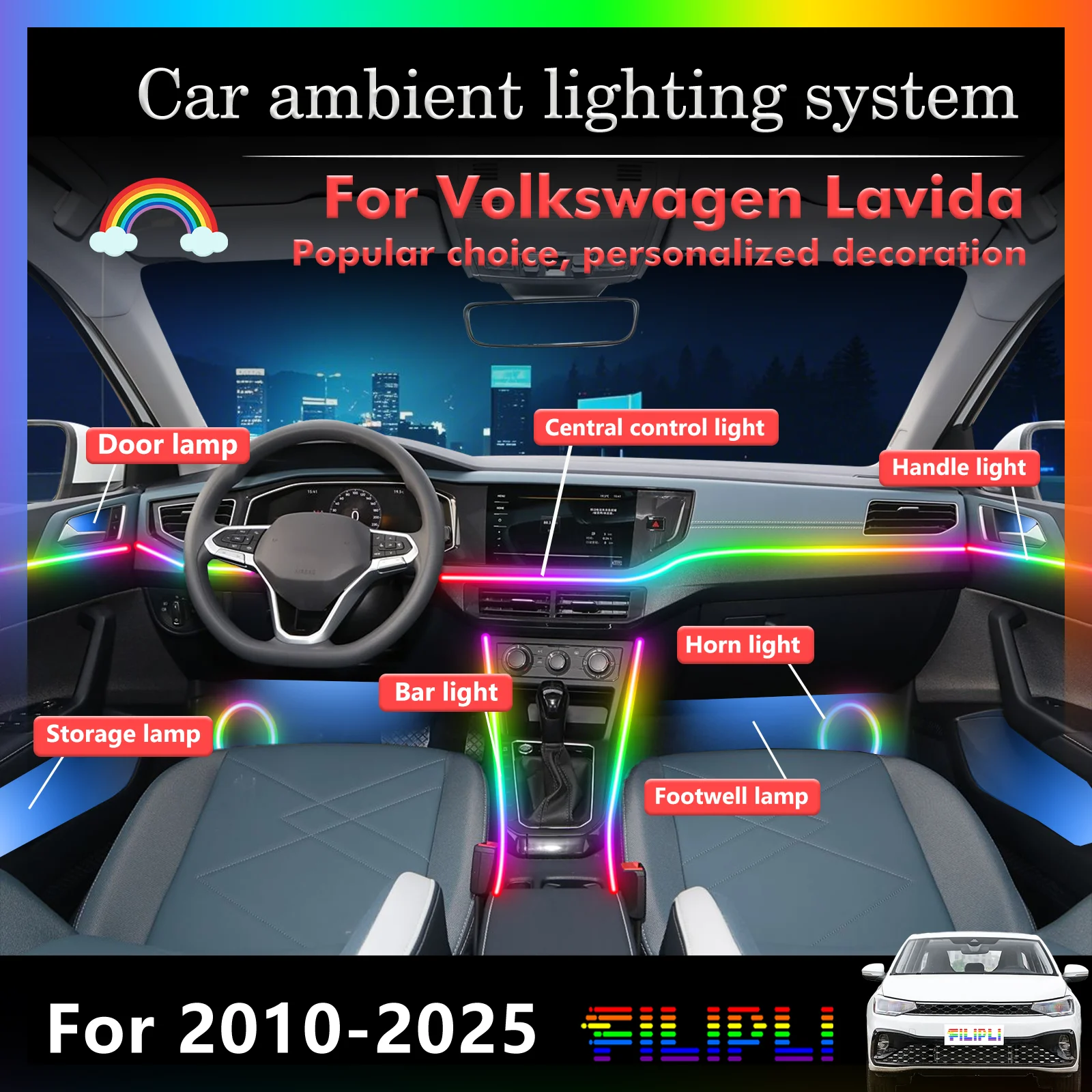 

For Volkswagen Lavida Smart Remote Control RGB 64 Colors LED Car Interior Ambient Light Energy Saving Efficient Lamp Kit