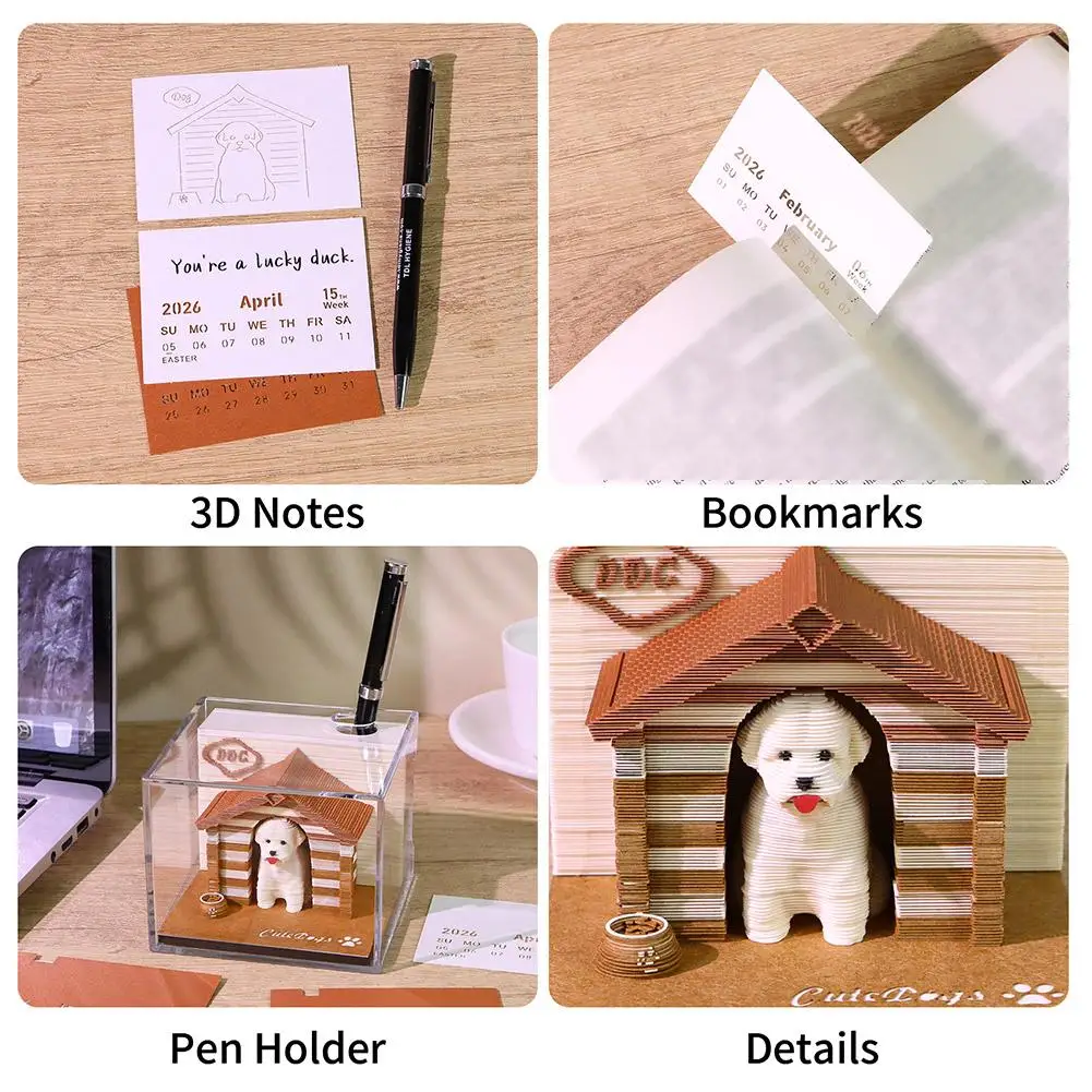 ปฏิทินตั้งโต๊ะปี 2026 ปฏิทินแบบฉีกได้ลายสุนัข 3 มิติ น่ารัก ปฏิทินกระดาษแกะสลักลายศิลปะ สมุดบันทึก ของขวัญสำหรับคริสต์มาสและงานขึ้นบ้านใหม่