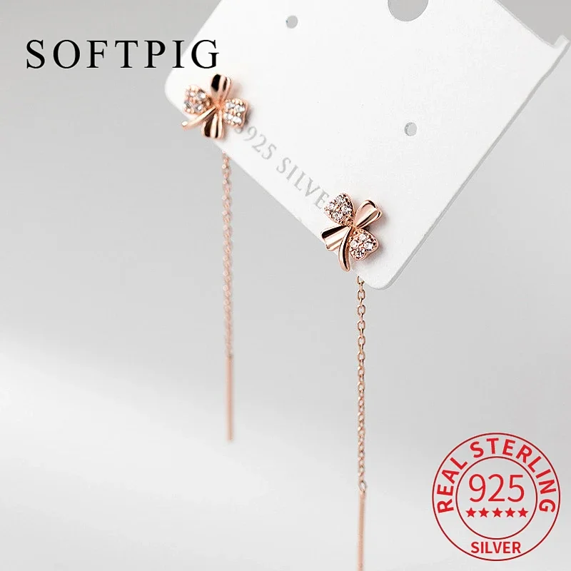 SOFTPIG Real 925 Sterling Silver 4CM Chain Tassel Zircon Clover Drop Earrings For Women Party Fine Jewelry Accessories Gift