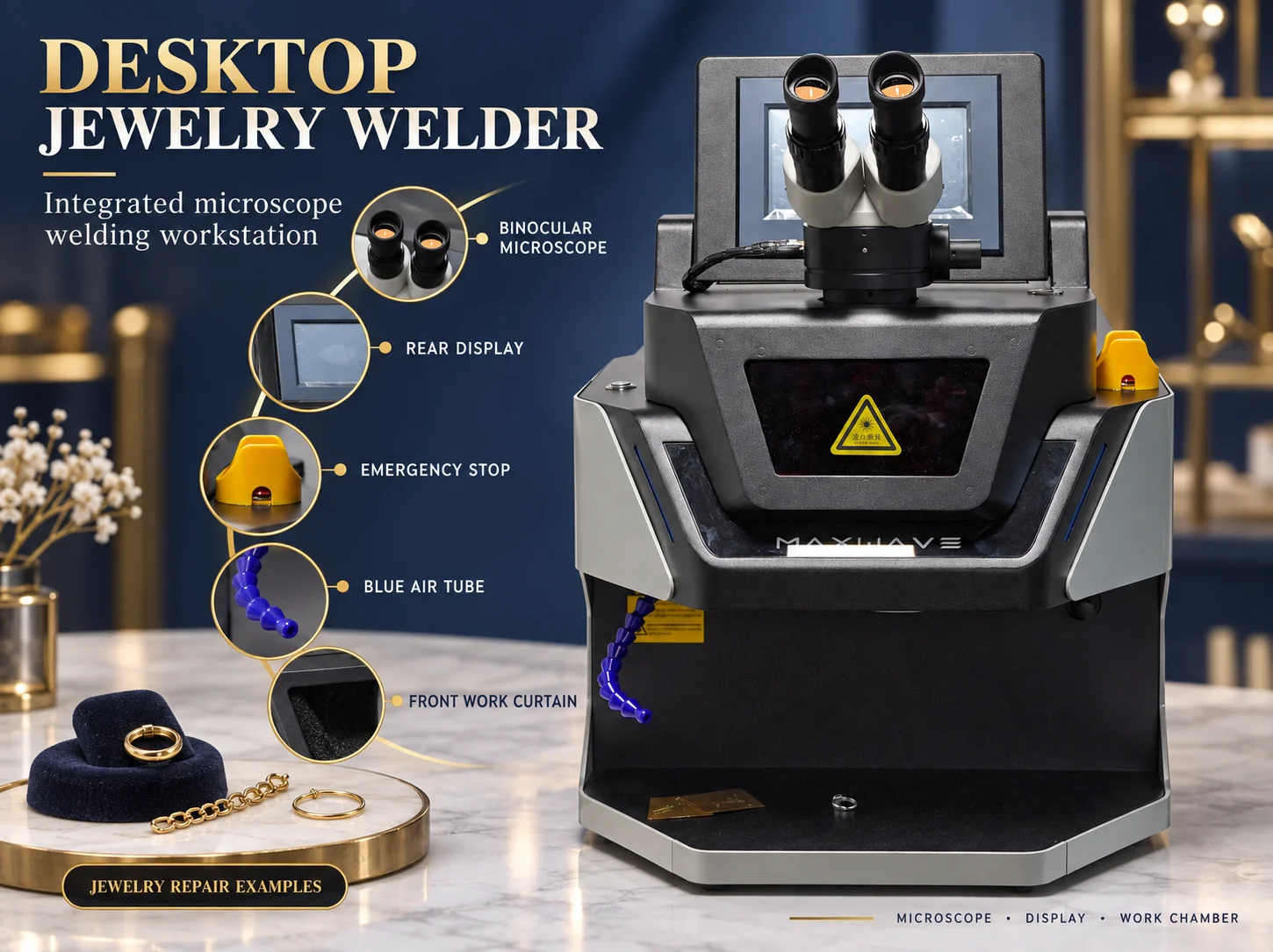 Jewelry Laser Welding Machine with Black and Silver Housing, Rear Display and Guarded Emergency Stop for Workshop Repair Tasks
