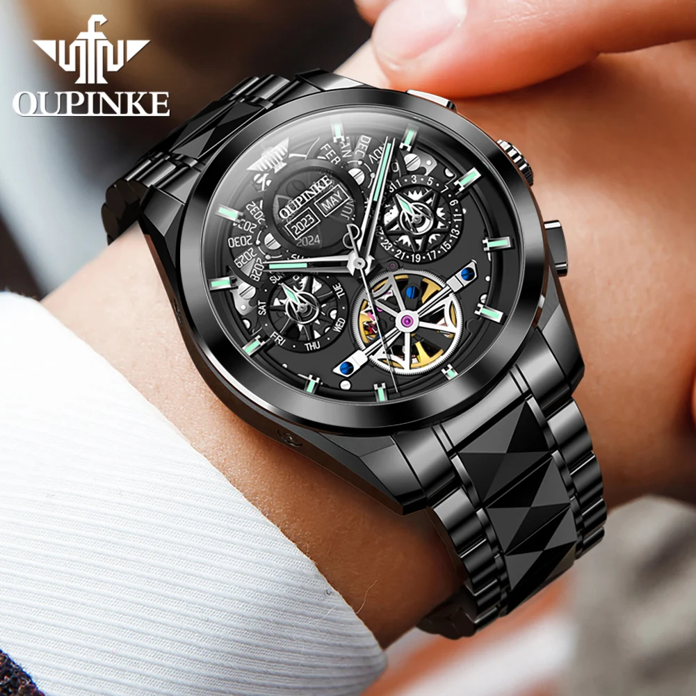 OUPINKE 3233 ساعة رجالية هيكل عظمي أسود دولاب الموازنة العصرية للرجال ساعة ميكانيكية أوتوماتيكية بالكامل متعددة الوظائف ساعة رجال الأعمال #2