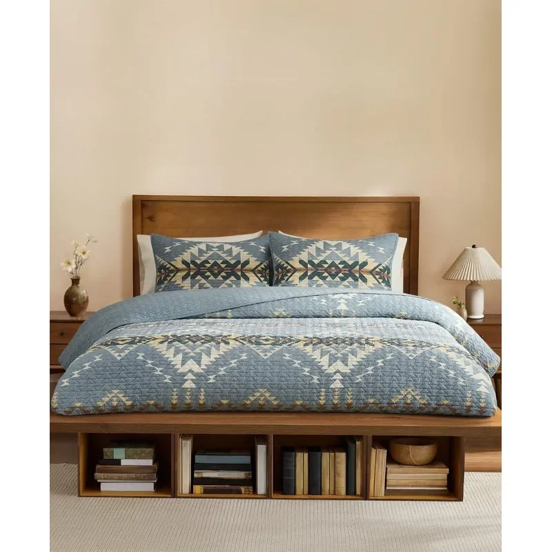 Bridge Creek Queen Quilt Set 100 Cotton Bed Set 3 Piece Blue