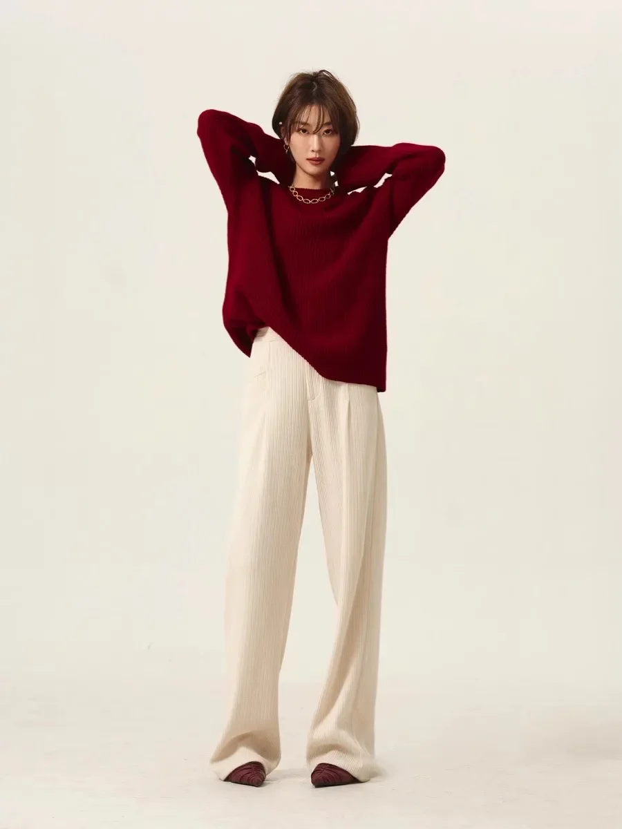 Turtleneck cashmere sweater women loose thickening age reduction niche vintage red crewneck sweater women long sleeves