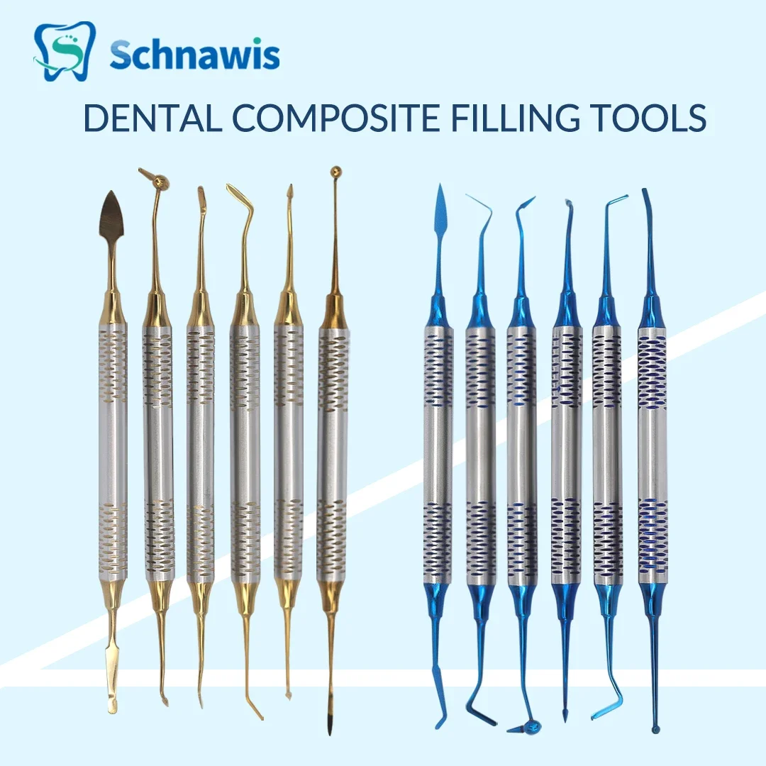 6 stks/set Orthodontische Composiet Hars Vullen Spatel Restauratie Tool Denspay Titanium Plated Hoofd Hars Vulmiddel Set Dikke Handvat