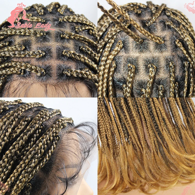 Perucas trançadas sintéticas para mulheres negras, cachos franceses curtos, cabelo trançado, trança de caixa sem nós, tranças cheias de renda, 12"