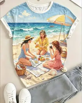 Women Casual Short Sleeve T-shirt Beach Picnic Oil Painting Print Crew Neck Daily Summer Tee