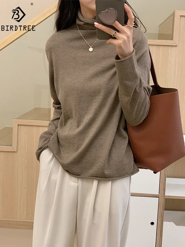 BirdTree, Wool Cashmere Elegant Bottom Sweater, Women Turtleneck Long Sleeve, Solid Casual OL Knit Sweater, Fall Winter T47034QM