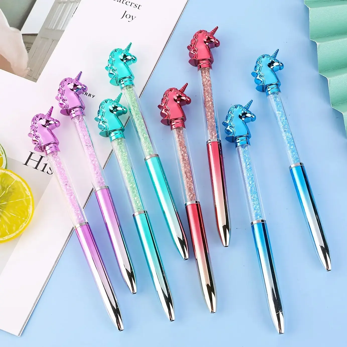 Imagem -04 - Caneta Esferográfica Torção Unicórnio Tinta Azul Broca Cristal Criativo Canetas Assinatura Escritório Papelaria Escola Kawaii 0.7 mm Pcs por Lote