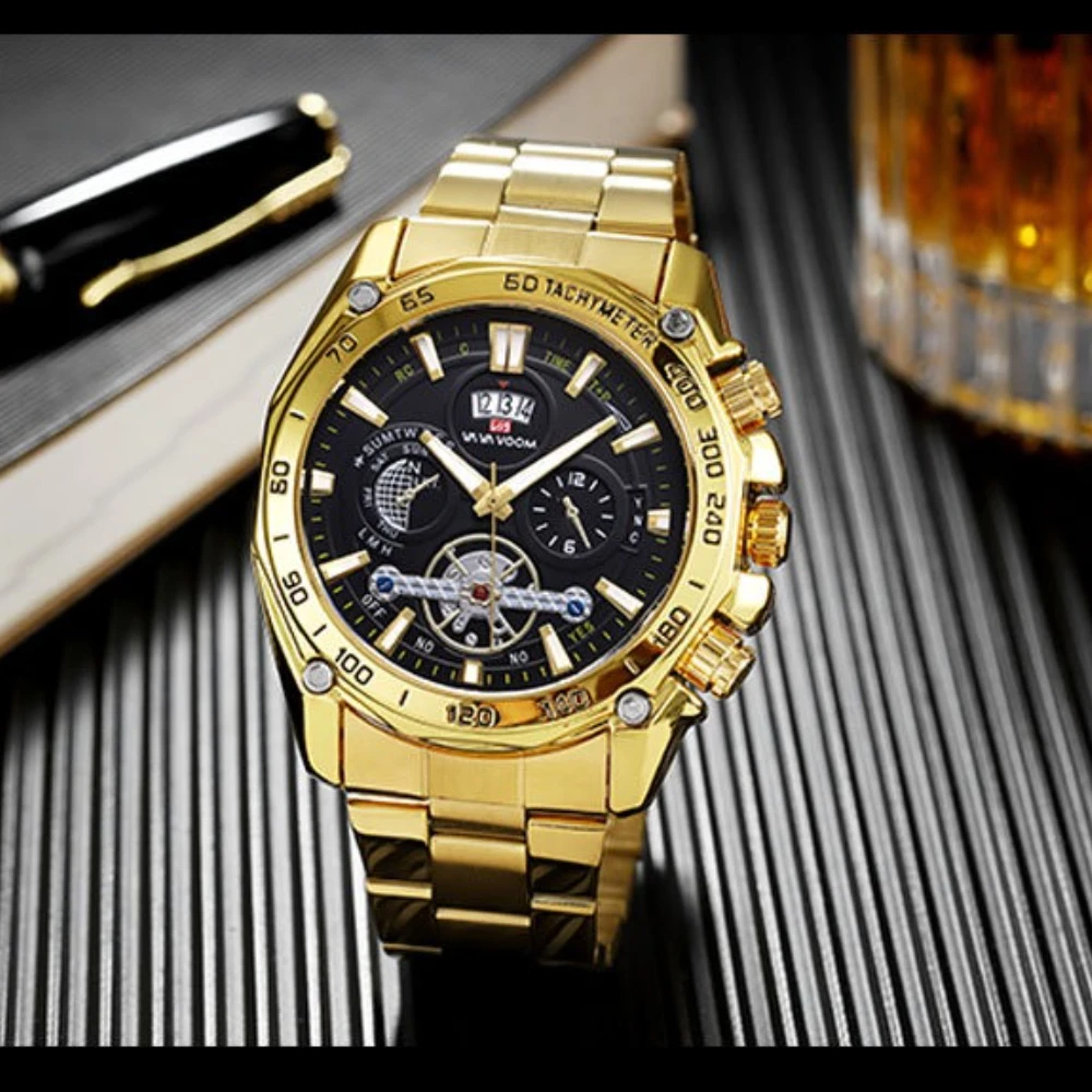 นาฬิกาข้อมือผู้ชาย VA VA VOOM 2421 รุ่นหรูหรา ดีไซน์ทูร์บิญอง เรืองแสง กันน้ำ พร้อมปฏิทิน นาฬิกาควอตซ์ สำหรับผู้ชาย Relogio Masculino