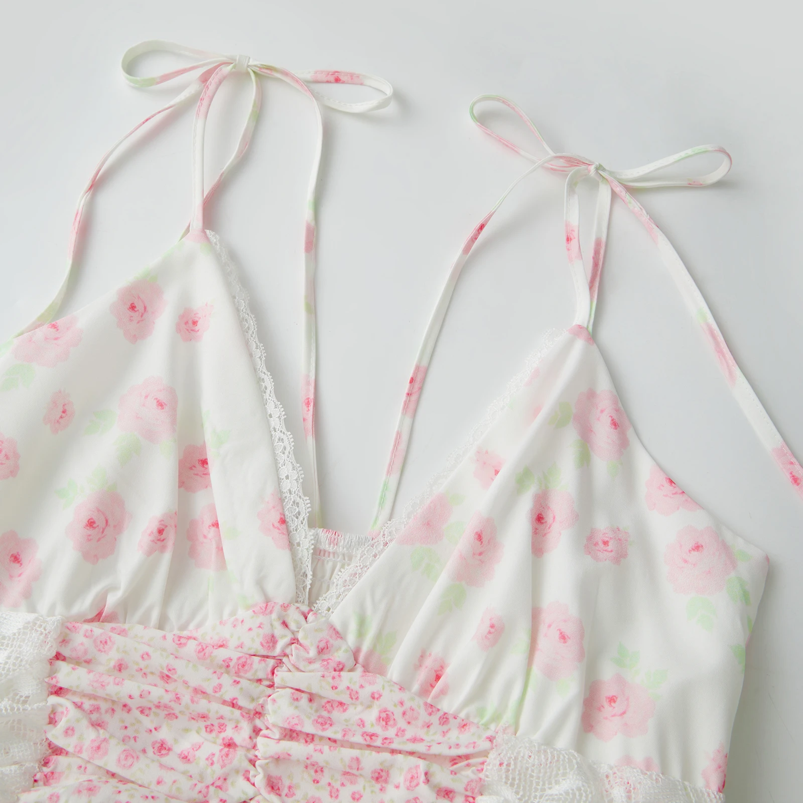Feminino floral gravata ombro verão férias praia vestidos profundo decote em v cinta de espaguete sem costas a linha em camadas babados vestido longo