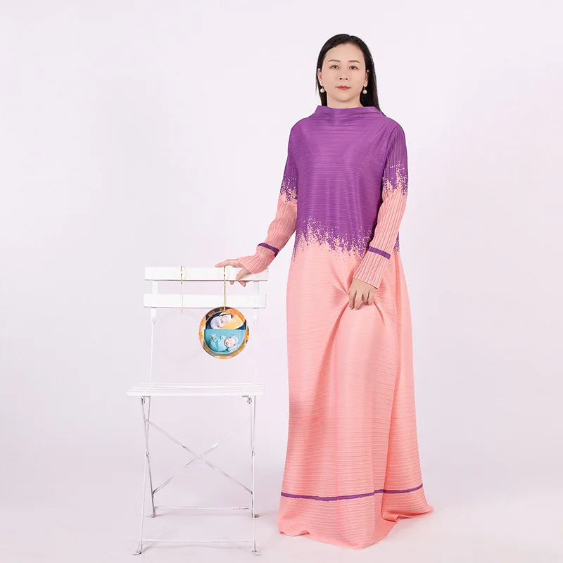 

2023 Miyake Pleated Dress Contrast Color High Neck Long Sleeves Loose Female Elegant Party Clothing New Dresses For Women