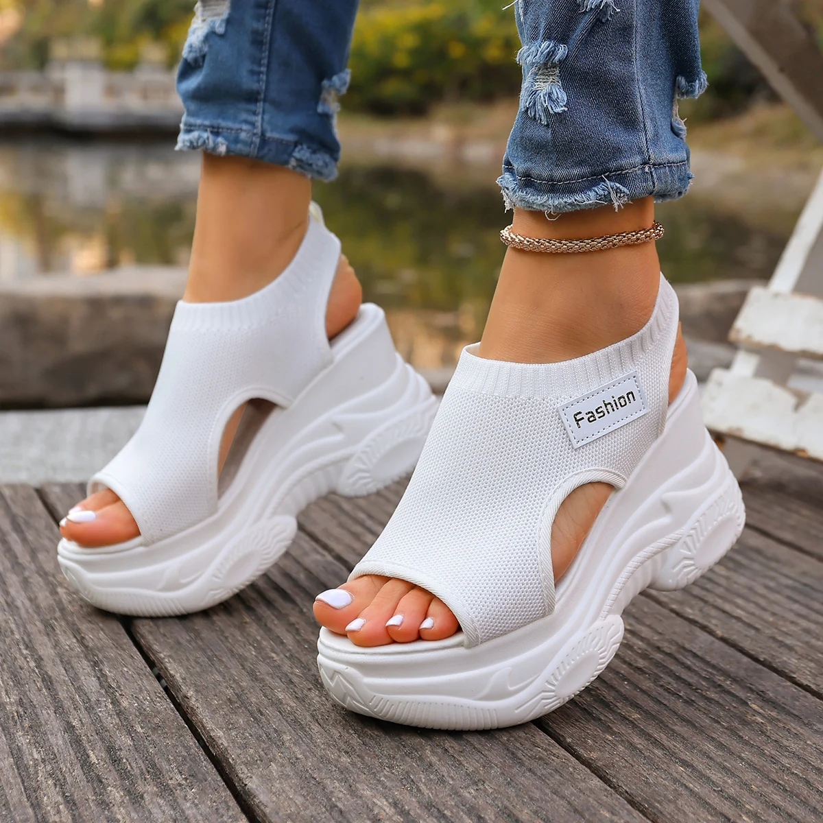 Thick Soled Sandals For Women Summer Mesh Breathable Peep Toe Sloping Heel Sandals Plus Size Sports Walking Mesh Flat Shoes