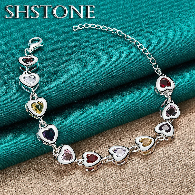 

SHSTONE 925 Sterling Silver Bracelets Multicolor AAA Zircon Heart Bracelet For Women Party Engagement Wedding Fashion Jewelry