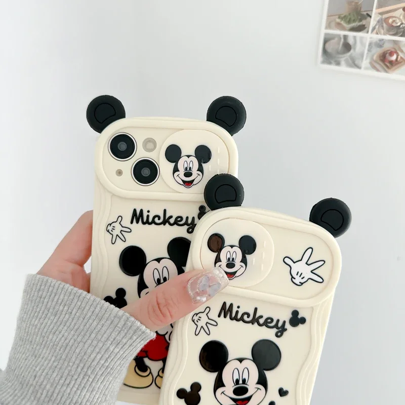 Cute Disney Mickey Ear Push Window Phone Cases For iPhone 15 14 13 12 11 Pro Max Mini XR X XS MAX 8 7 Plus Anti-fall Back Cover