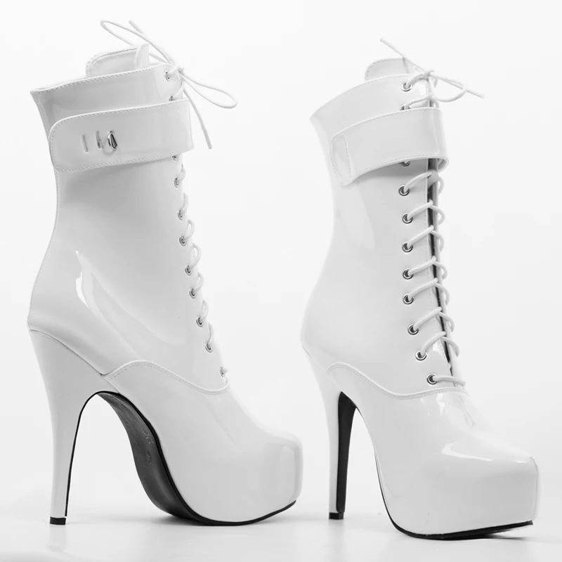 CACA Patent Leather Women Sexy Dance Boots,High Heels Platforms Ankle Botas,Men Cosplay Shoes,Plus Size 46,Padlocks,Dropship