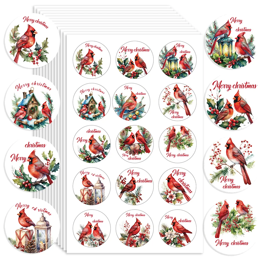 150 Pcs Merry Christmas Stickers 15 Designs Cardinal Red Bird Decals Assorted Xmas Adhesive Decorative Stickers.