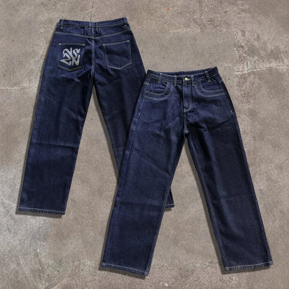

Retro Streetwear Aesthetic Jeans Women Dark Blue Abstract Graphic Pocket Straight Leg Denim Trousers 2026