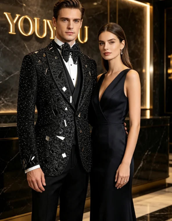 Fashion Embroidery Beads Men Suits Slim Fit Shawl Lapel Groom Tuxedos Dinner Party Male Prom Blazers Wedding Costumes Homme