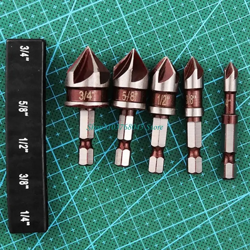 R53F Hexagonal Grip 5 Flöte Countersink Bits 82 ° Genauige Spitze für Edelstahl -Aluminium -Hartholzbohrungen in 5 Größen 1/4 – Detail 1